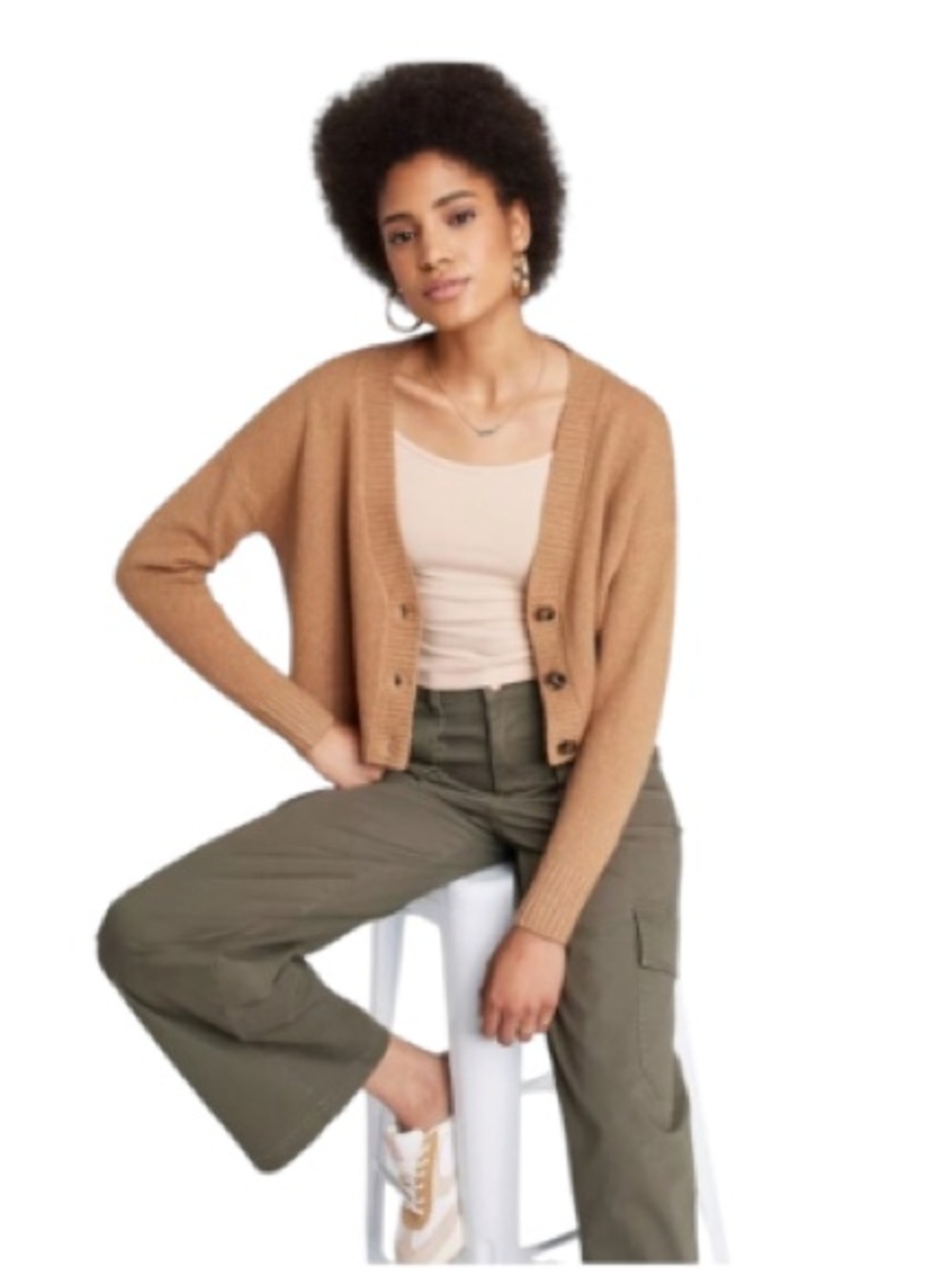 Wild Fable Cropped Oversized Cardigan Tan Camel V-Neck Buttons Lightweight NWT